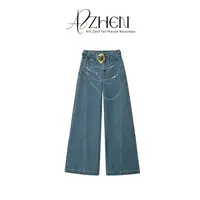 AZZHEN【白墨线条】 复古水洗珍珠印花阔腿镰刀牛仔裤AZ5CNK12-00