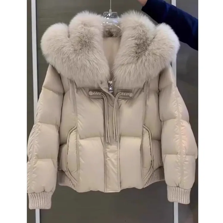 【现货】设计感时尚高级感厚款棉服女2025年冬季款毛领杏色棉服外套