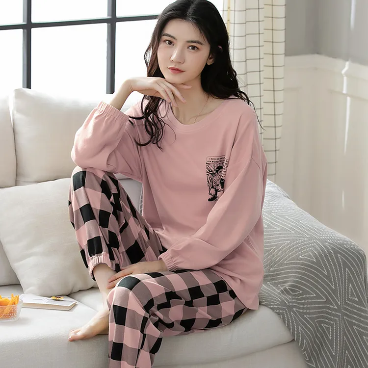 100%纯棉双面加厚睡衣女秋冬季大码宽松可外穿卡通休闲舒适家居服