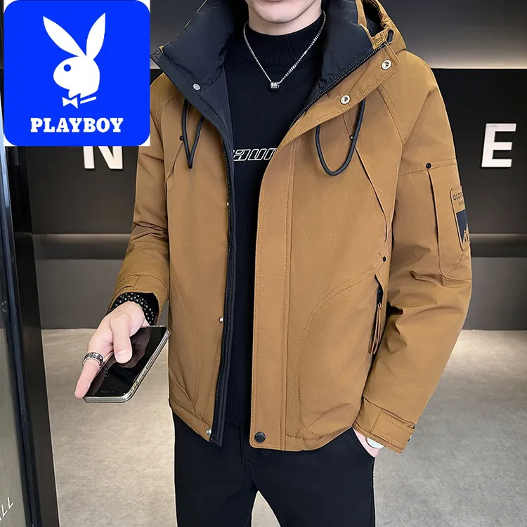 花花公子男士羽绒服户外冬季加厚夹克新款潮牌休闲连帽工装外套