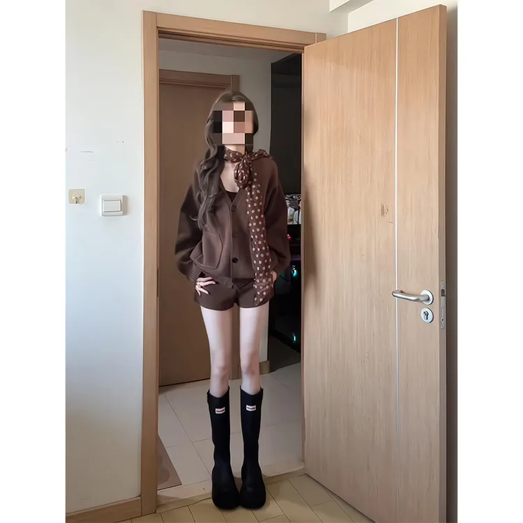 2025新款女士早秋季慵懒风休闲宽松百搭针织开衫上衣高腰显瘦短裤