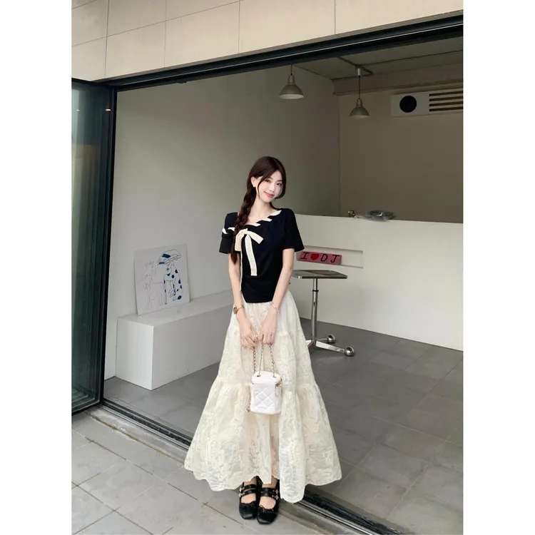 巧克少女甜美风蝴蝶结绑带短袖T恤女装夏季小众蕾丝半身裙两件套