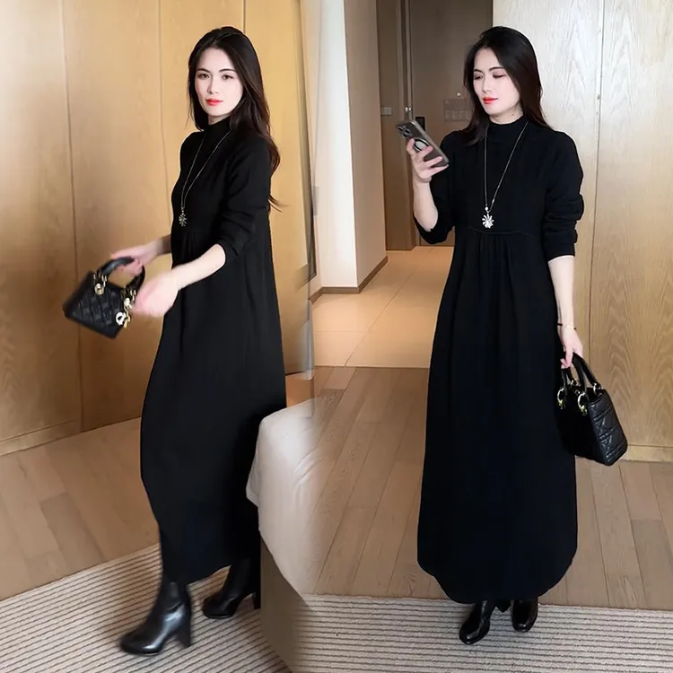 秋冬长裙连衣裙中长款不挑身材针织毛衣裙长袖宽松大码显瘦裙子