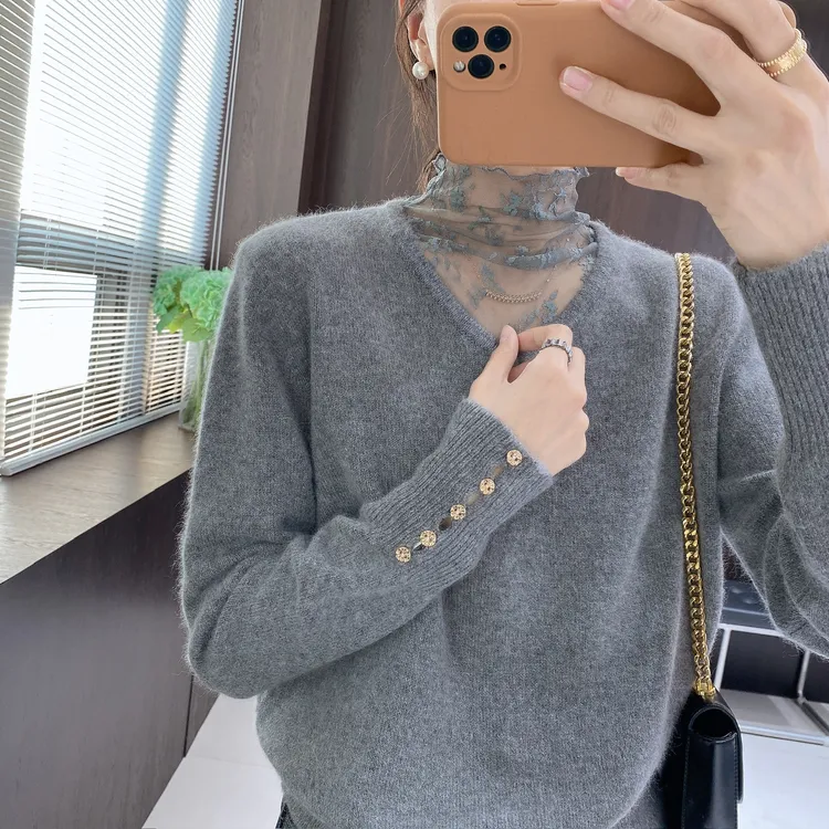 IMFLY金小金自制女装 毛衣DYW10161秋冬气质蕾丝领拼接假两件上衣