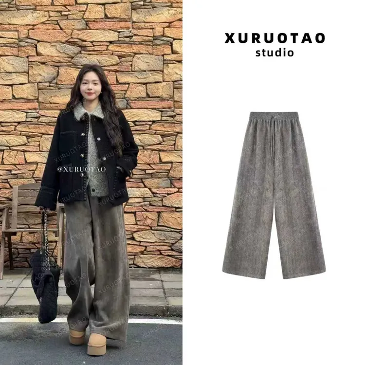 XURUOTAO 【OK裤】雪尼尔加厚松紧百搭设计显瘦浅灰绿色裤子 T5669