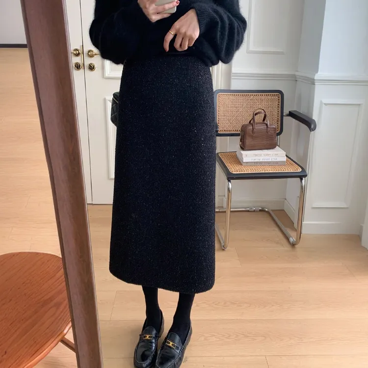 气质小香风亮丝高腰A字裙女秋冬梨形身材小个子修身显瘦中长半裙