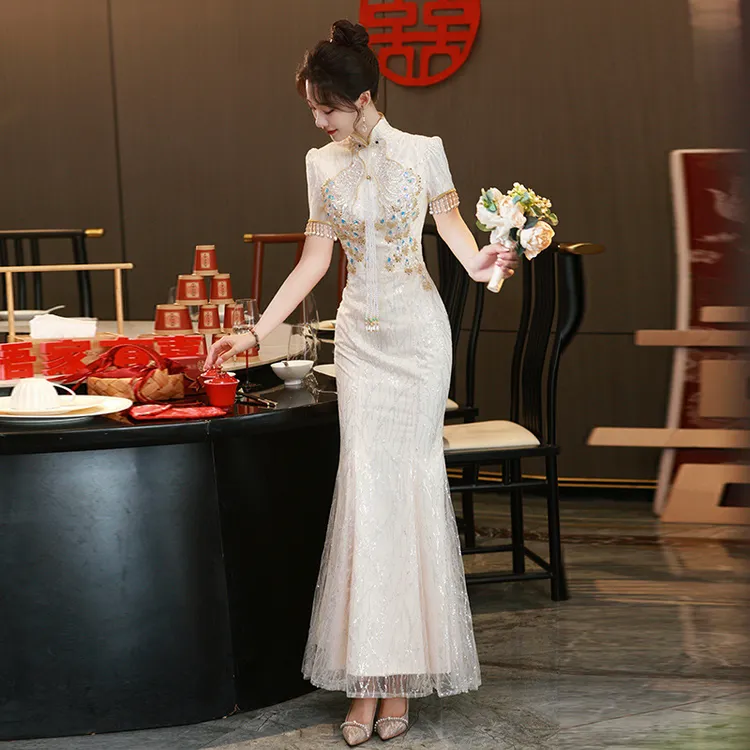 香槟色旗袍晚礼服女2025新款高级感主持人宴会毕业艺考敬酒服鱼尾