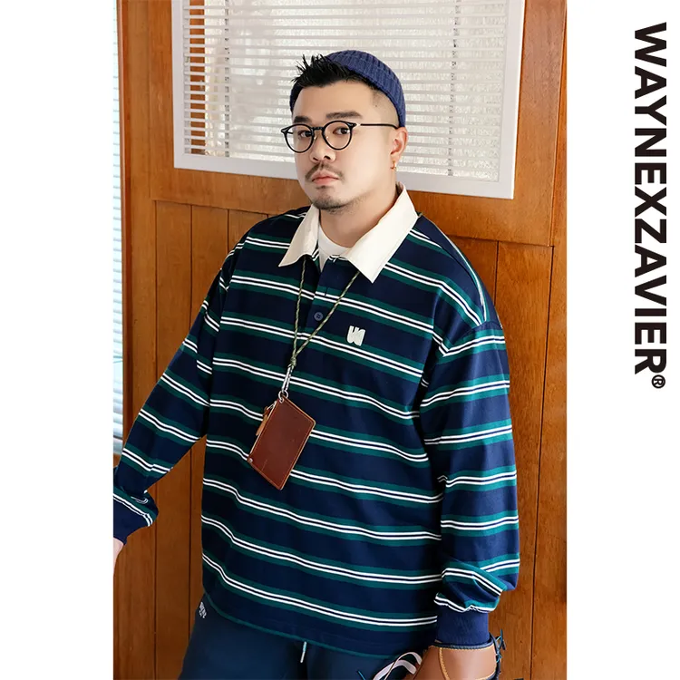 韦恩泽维尔宽松大码秋冬翻领撞色复古条纹美式长袖休闲POLO衫9312