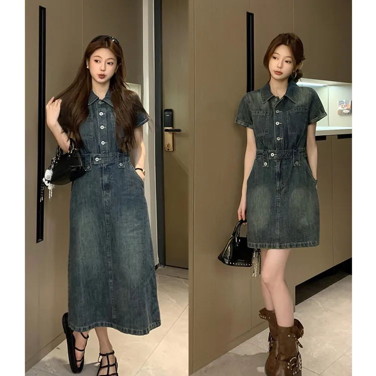2025夏季大码女装新款时尚韩版港风显瘦裙子短袖牛仔长短款连衣裙