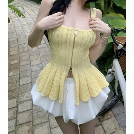 气质休闲芭蕾风大U领褶皱裙边双拉链设计感针织吊带上衣女