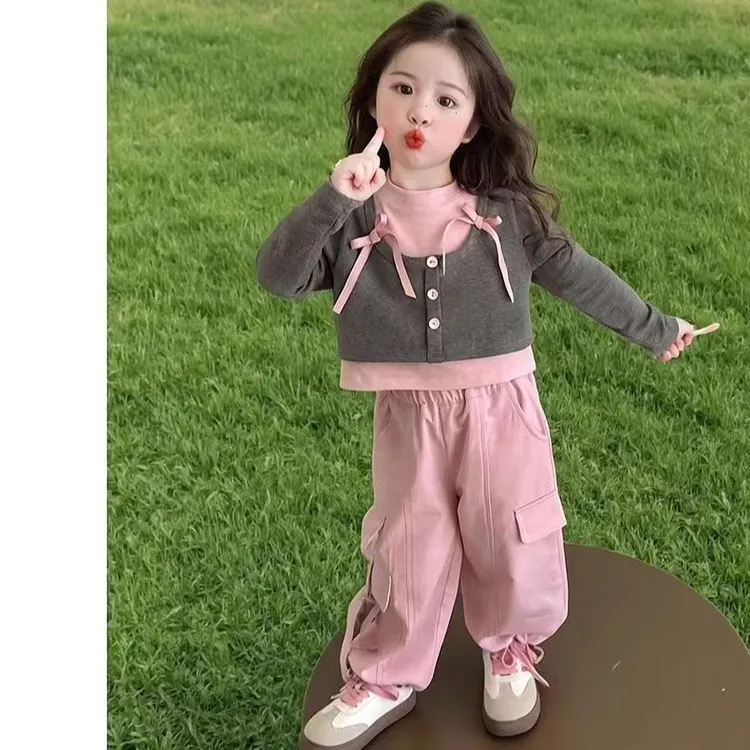 女童春秋2025新款韩版条纹纯色春秋季运动卫衣常规套装套头女宝