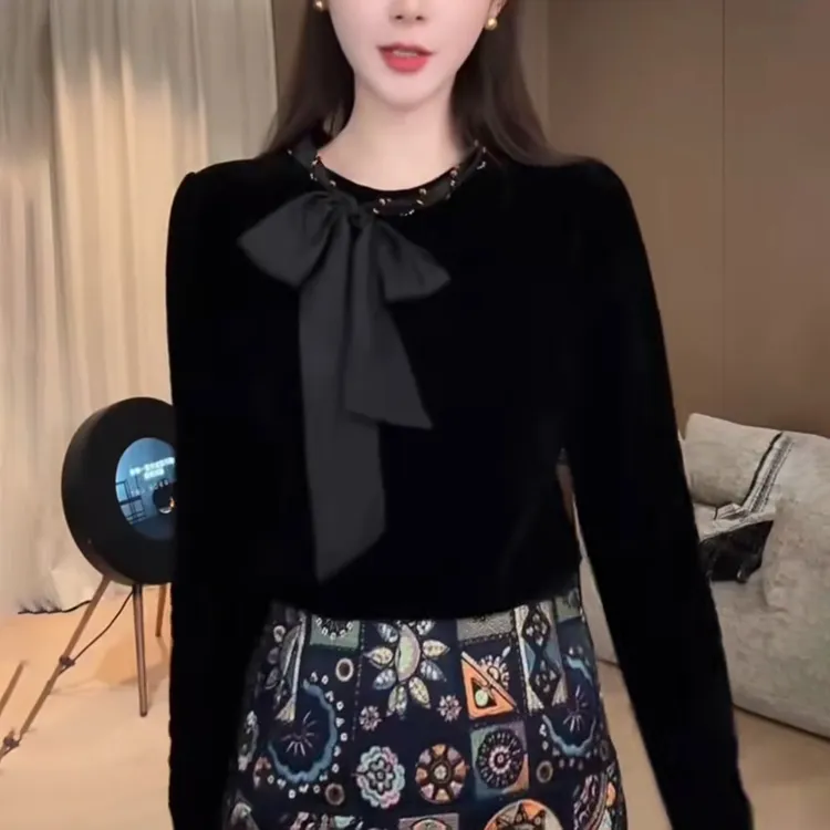 2025秋季新款女法式蝴蝶结绑带衬衫轻奢高级感修身显瘦丝绒上衣