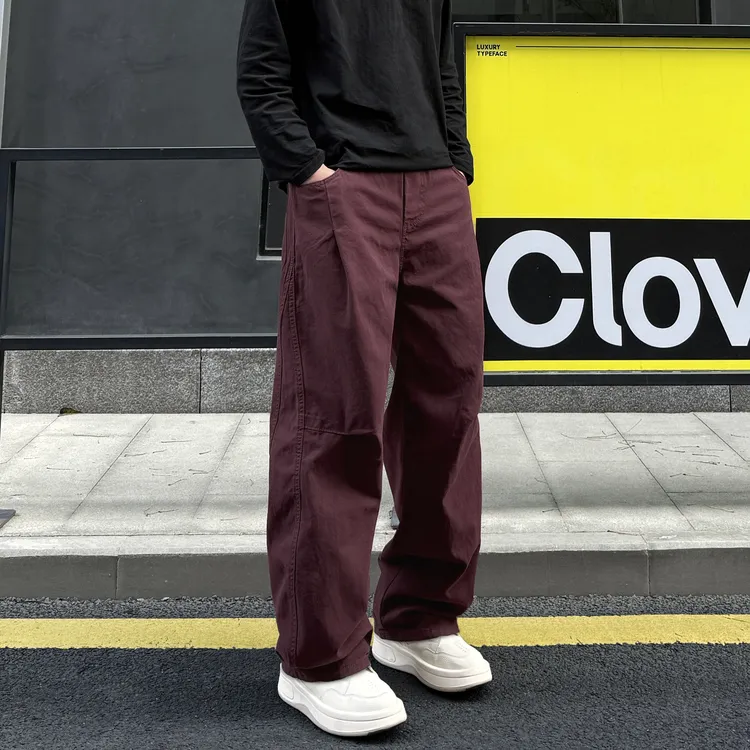 QUALCOMM秋冬新款酒红色解构弯刀阔腿休闲裤男士潮流高级感工装裤