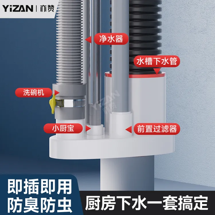 厨房下水管防返臭神器下水道三头通洗碗机集成分水器密封塞洗菜盆