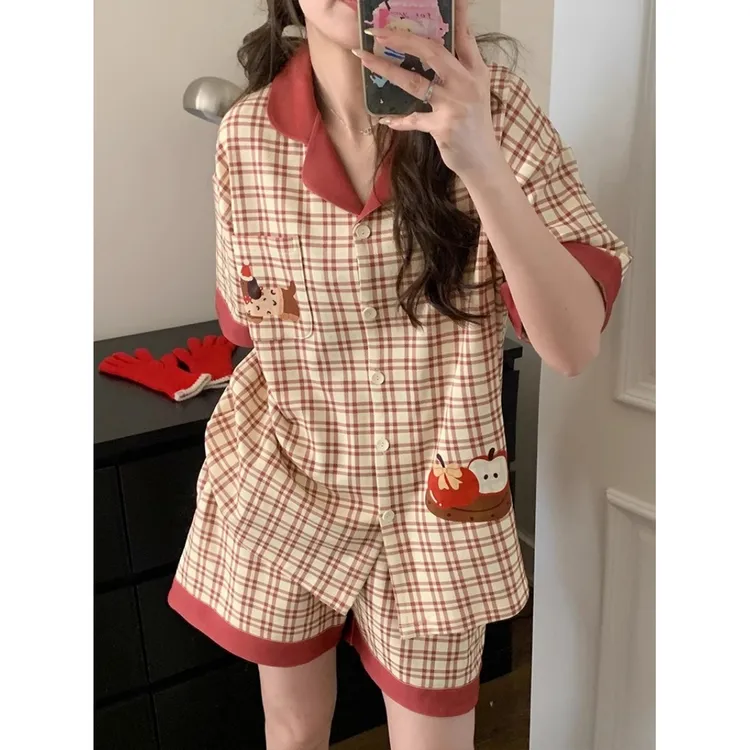 少女ins网红睡衣女夏季韩版简约撞色格子小狗短袖短裤家居服套装