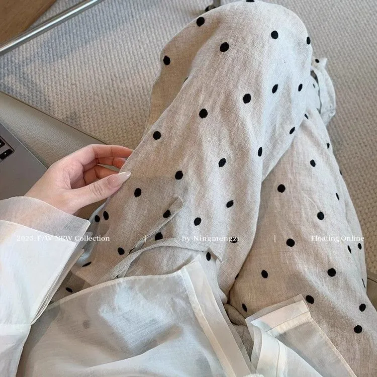 亚麻波点休闲直筒裤女2025夏季新款简约百搭高腰宽松小众阔腿裤子