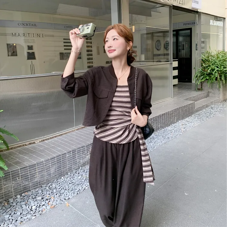 通勤风美拉德外套吊带阔腿裤套装2025春秋新款松弛感老钱风三件套