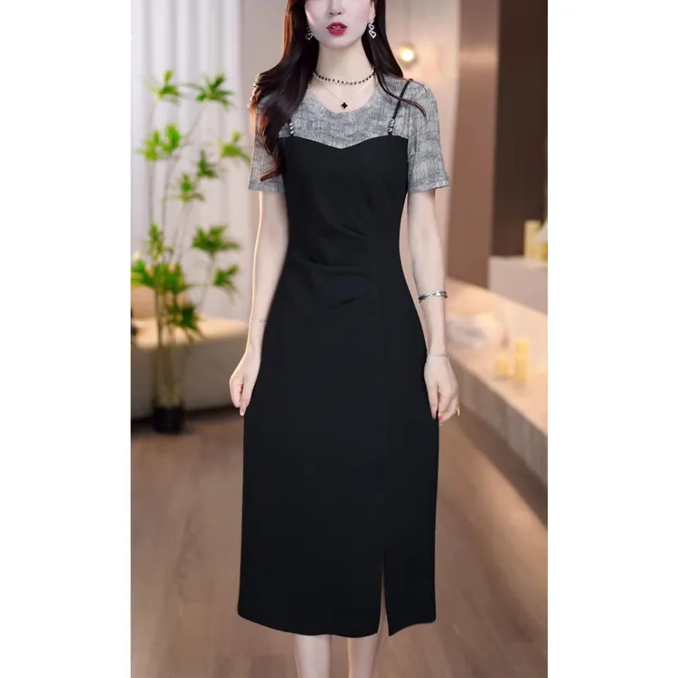夏季新款时尚假两件短袖休闲裙子女洋气显瘦拼接中长款开衩连衣裙