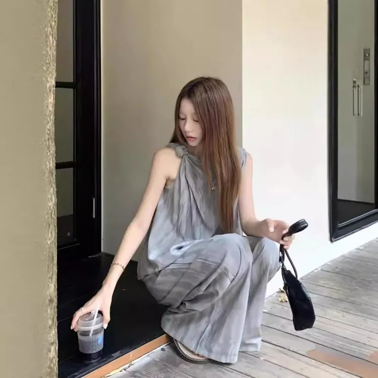 松弛感穿搭套装不规则无袖衬衫背心女夏季扎染阔腿裤休闲裤两件套