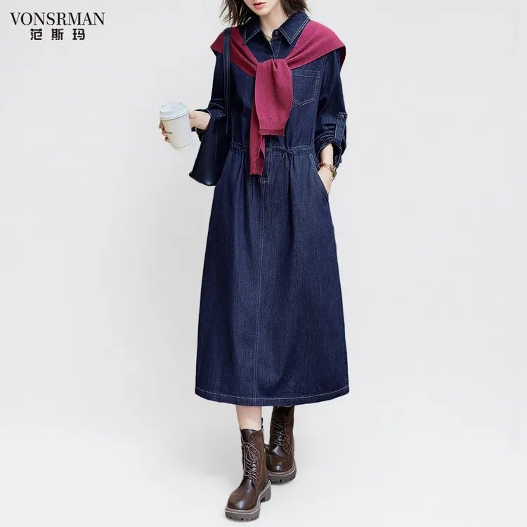 复古港风休闲牛仔连衣裙女春秋季新款宽松显瘦复古披肩衬衫裙长裙