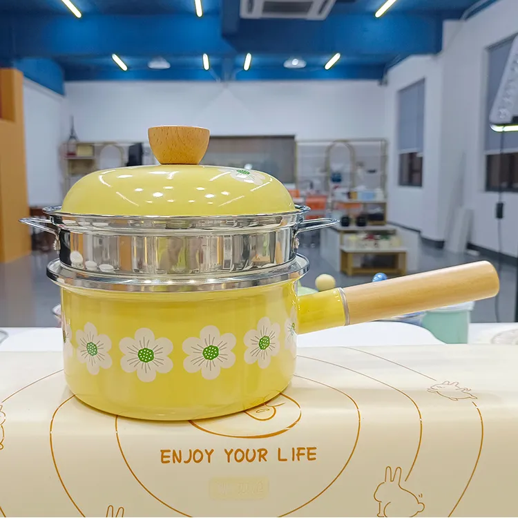 珐琅特厚早餐蒸锅20cm搪瓷带盖奶锅煮面锅宝宝辅食单柄炖锅