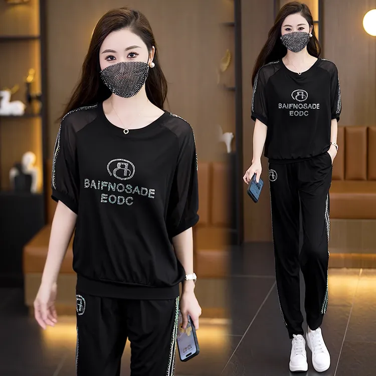 高端烫钻时尚套装女2025夏季新款洋气女装宽松显瘦休闲运动两件套