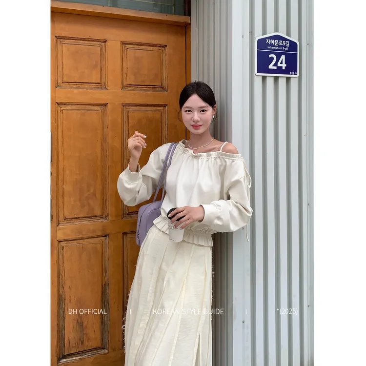 DH OFFICIAL 大花【弘大周末 hoodie】斜肩领口木耳边绑带调节卫衣 