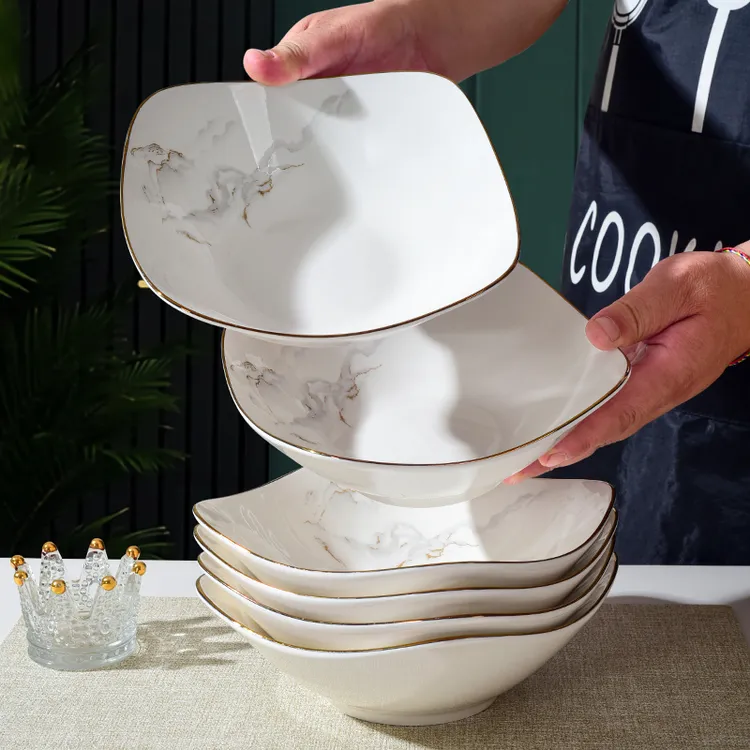【6只装】山水8英寸翘脚碗盘中式简约多功能陶瓷釉下彩加厚加深盘子