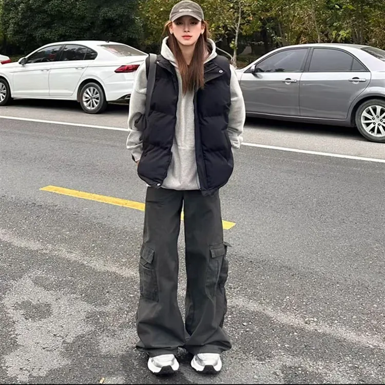 美式潮牌基础款纯色立领马甲外套男女冬季宽松加厚款面包服大码