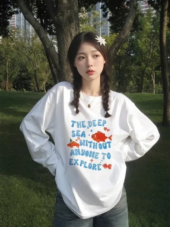 白色长袖t恤大码女装ins纯棉圆领内搭上衣字母印花春秋宽松打底衫