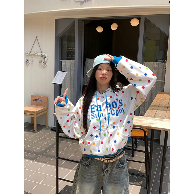 美式logo字母印花秋冬连帽卫衣男女春秋宽松百搭潮流波点帽衫上衣