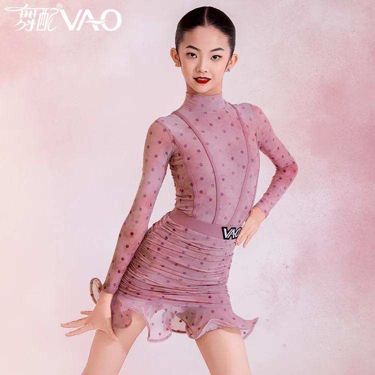 VL51402-2025新款拉丁舞服练功服女童VAO舞配舞服粉长袖波点鱼骨