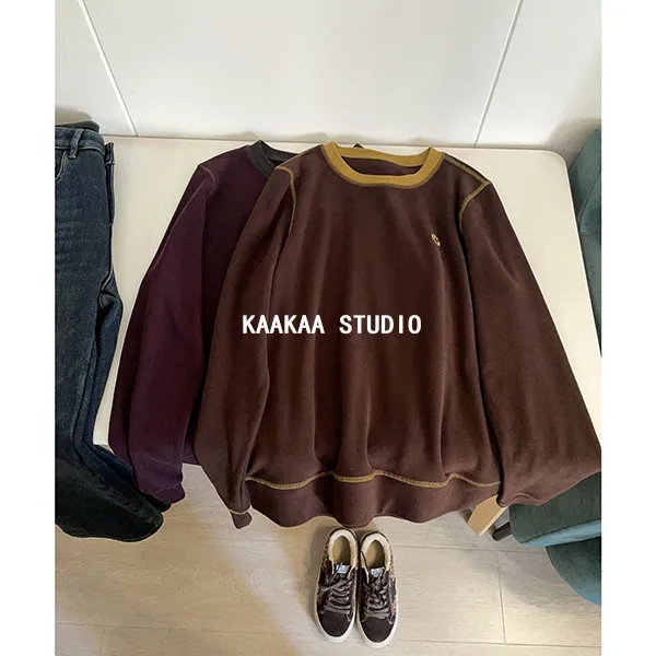 REKAYYAT“饼干“韩系秋冬通勤百搭舒适简约风撞色笑脸刺绣卫衣