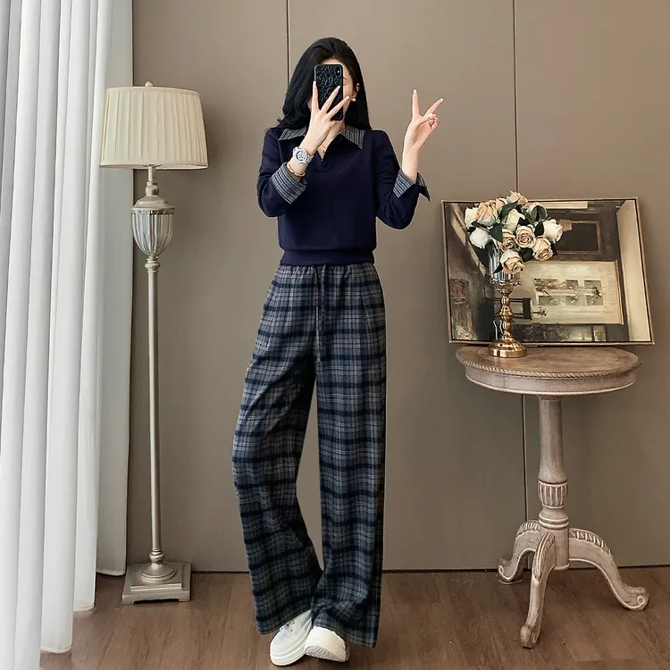 韩风chic一整套女2025秋季洋气减龄v领长袖上衣格子阔腿裤两件套