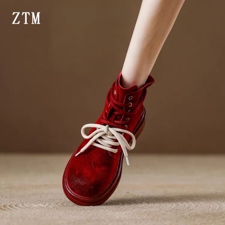英伦风真皮高筒马丁靴女红色靴子2025新款女鞋系带短靴秋冬单靴女