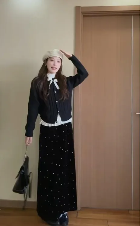 秋冬搭配一整套女韩系开衫毛衣外套叠穿内搭上衣丝绒波点半身裙