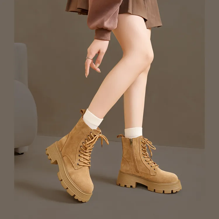 厚底增高马丁靴女英伦风大黄靴2025年秋冬新款粗跟短靴系带女靴