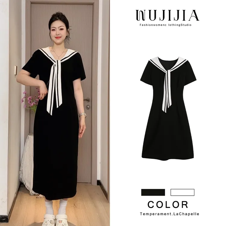 黑色长/短款气质小个子减龄中长款夏季时尚娃娃领连衣裙ZL106256