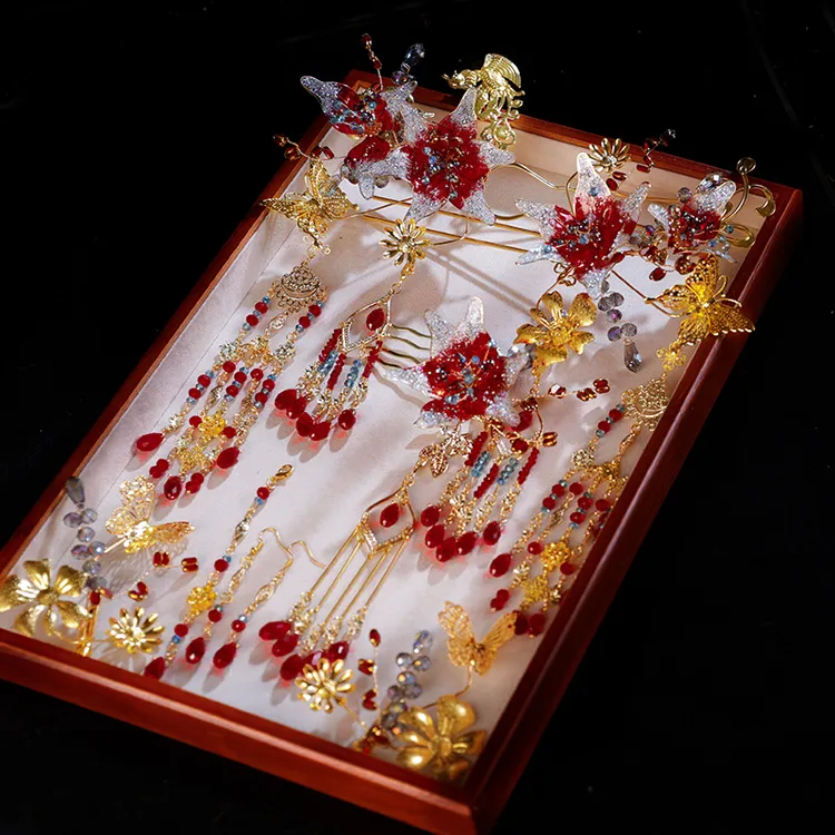 G406新款秀禾头饰新娘中式金红色简单大气高级结婚凤冠龙凤褂头饰