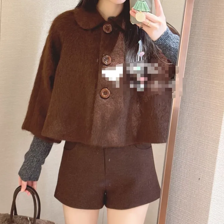 定制美拉德复古毛呢斗篷外套女士短款冬季宽松翻领单排扣呢子上衣