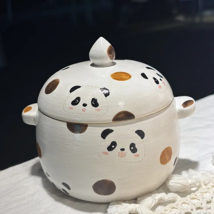 景德镇手作陶瓷熊猫表情包系列手绘创意可爱双耳带盖