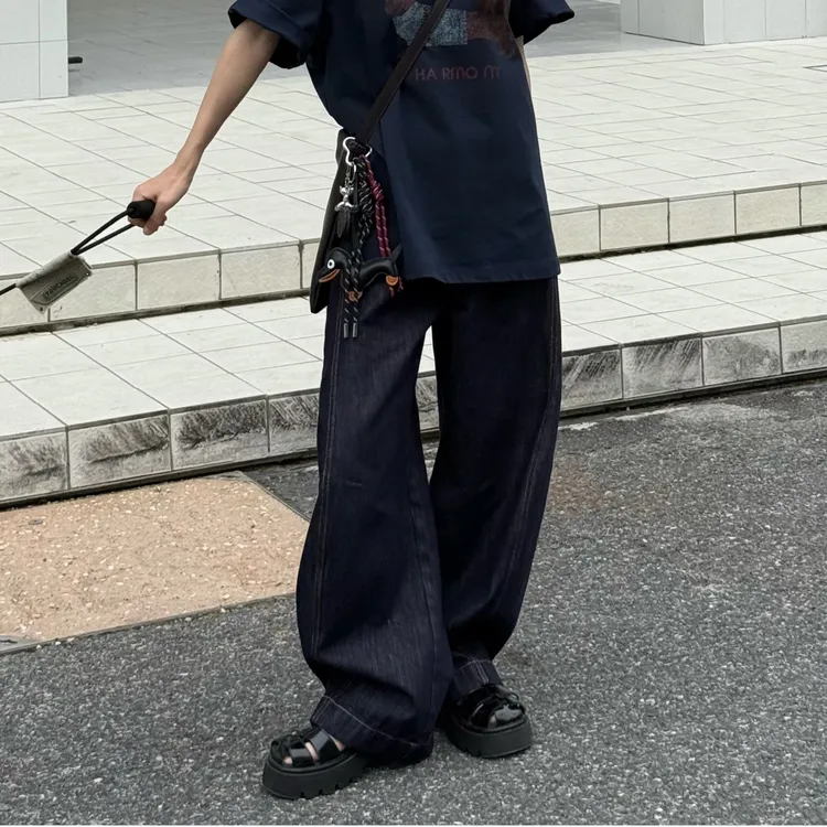 【一四六Yisiliu】小个子美式复古廓形解构丹宁深蓝阔腿弯刀牛仔裤