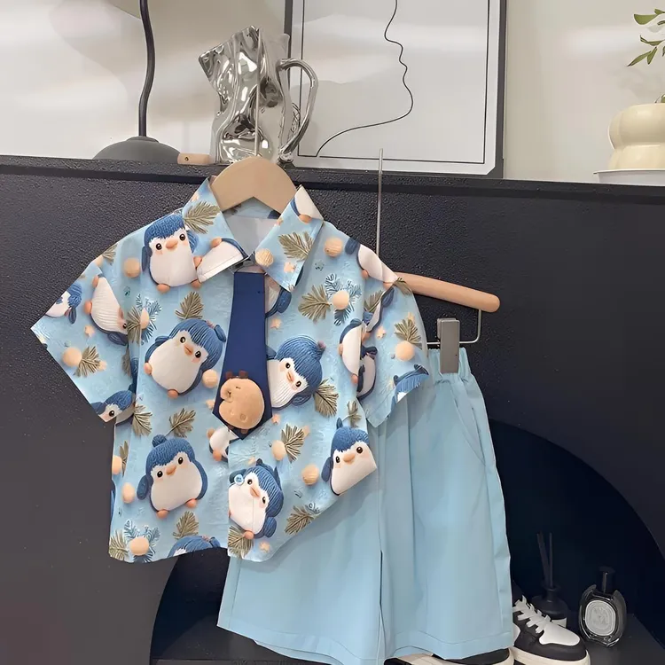 男童夏装2025夏季新款洋气衬衫套装宝宝卡通动漫休闲潮两件套