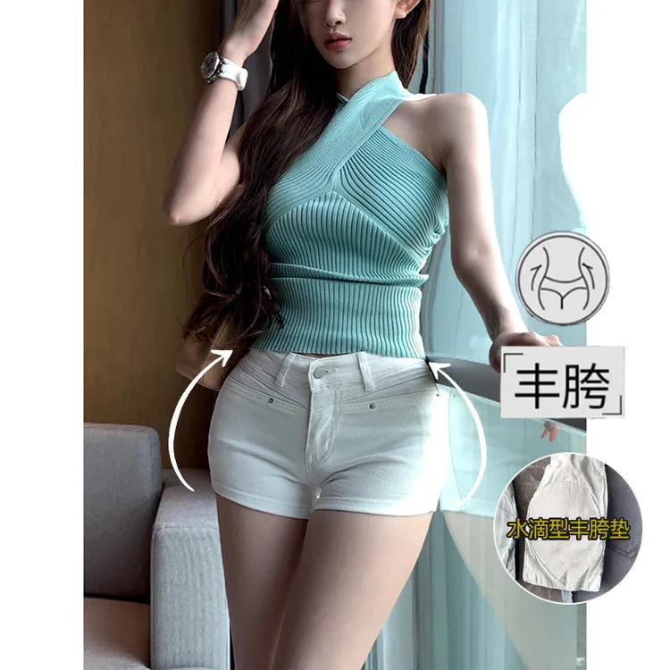 白色韩女低腰紧身丰胯牛仔短裤女2025夏季薄款纯色显瘦显腿长热裤