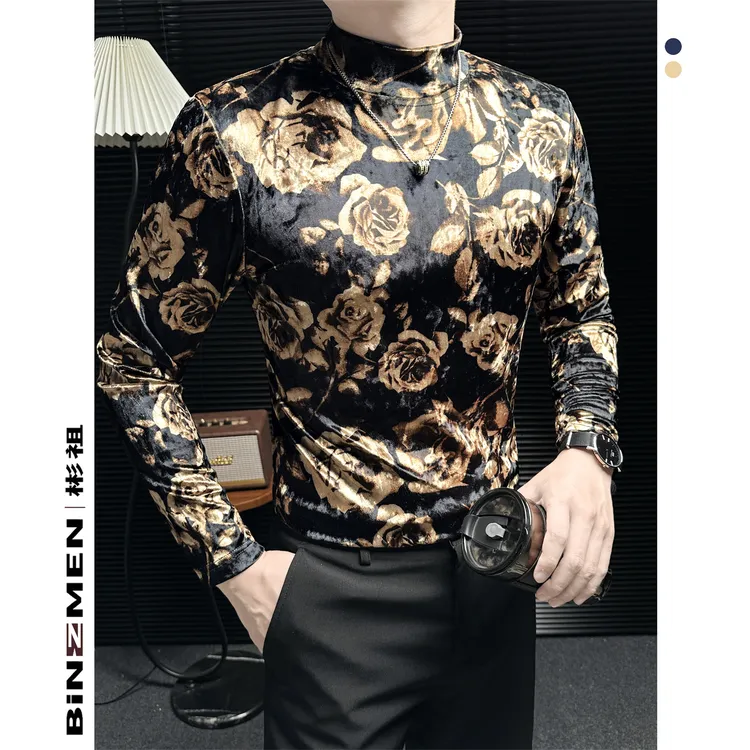 古典鎏金玫瑰印花打底衫男长袖男款秋季修身休闲百搭显瘦男士上衣
