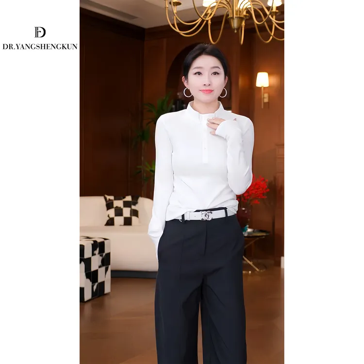 杨圣坤【晨露】2025秋季新款立领单排扣修身长袖T恤女GF2502-1212
