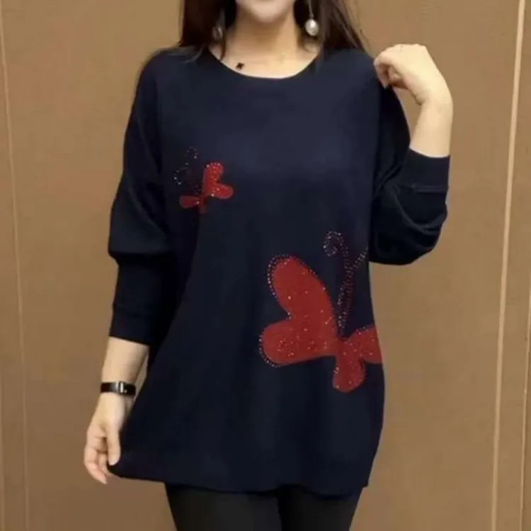 春秋大码韩版妈妈外穿新款上衣针织衫休闲百搭宽松遮肉毛衣中长款