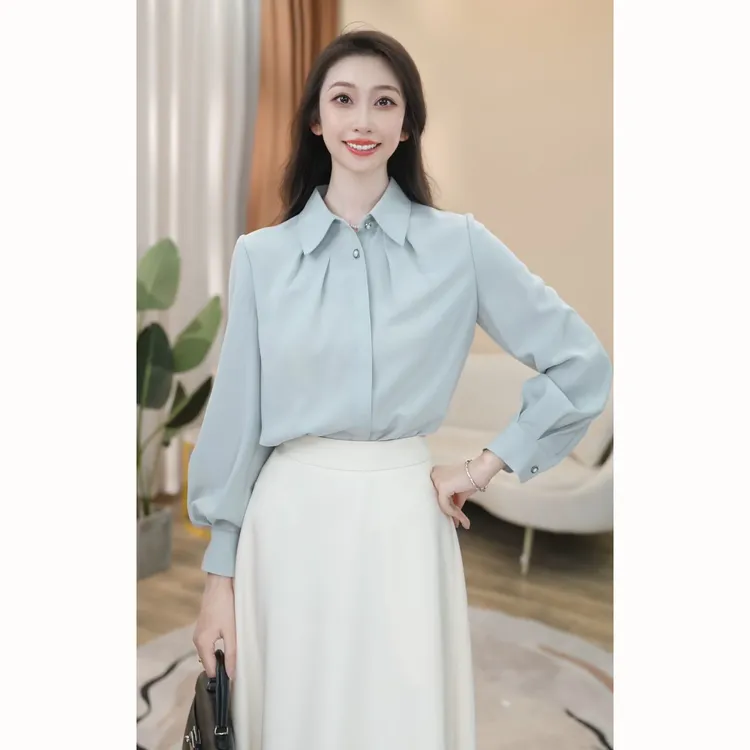 【曼贝】气质风定制款天青蓝长袖衬衫女时尚设计感6393001【甜甜】