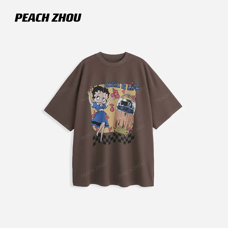 『PEACHZHOU』16支麻感棉贝蒂卡通印花宽松圆领短袖休闲减龄阔版T恤