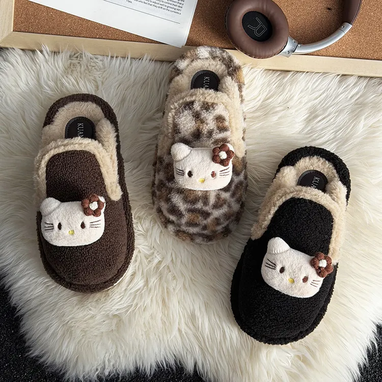 可爱毛绒韩版包头棉拖鞋女室内加绒保暖防滑居家拖鞋豹纹一字拖鞋商品图